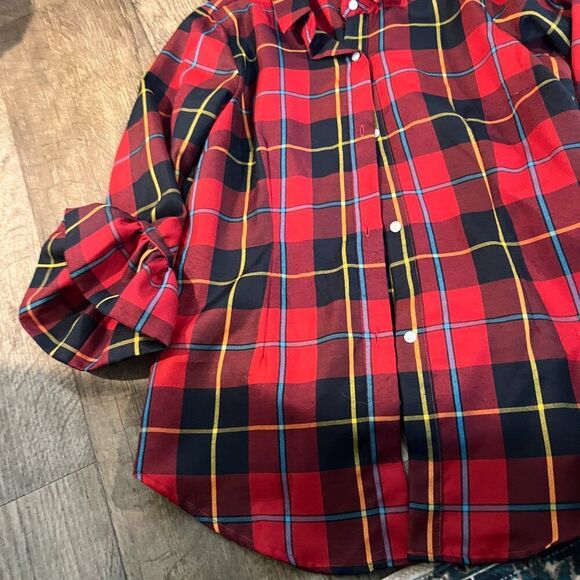 Gretchen Scott Priss Blouse Duke of York Plaid Blouse Large Red Blue S - Picture 5 of 9